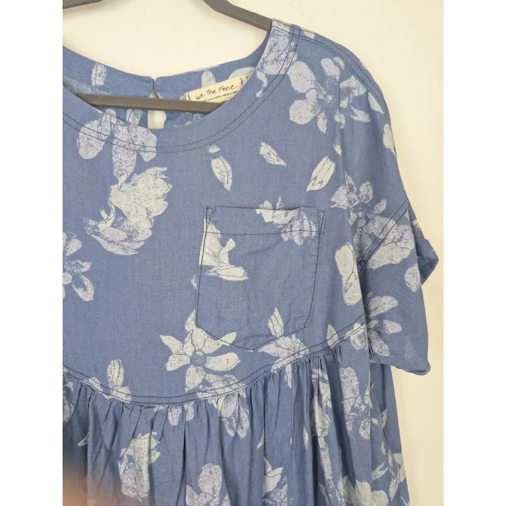 Free People Top Moon City Printed Tee Floral Boho Babydoll Linen Blue Size XS